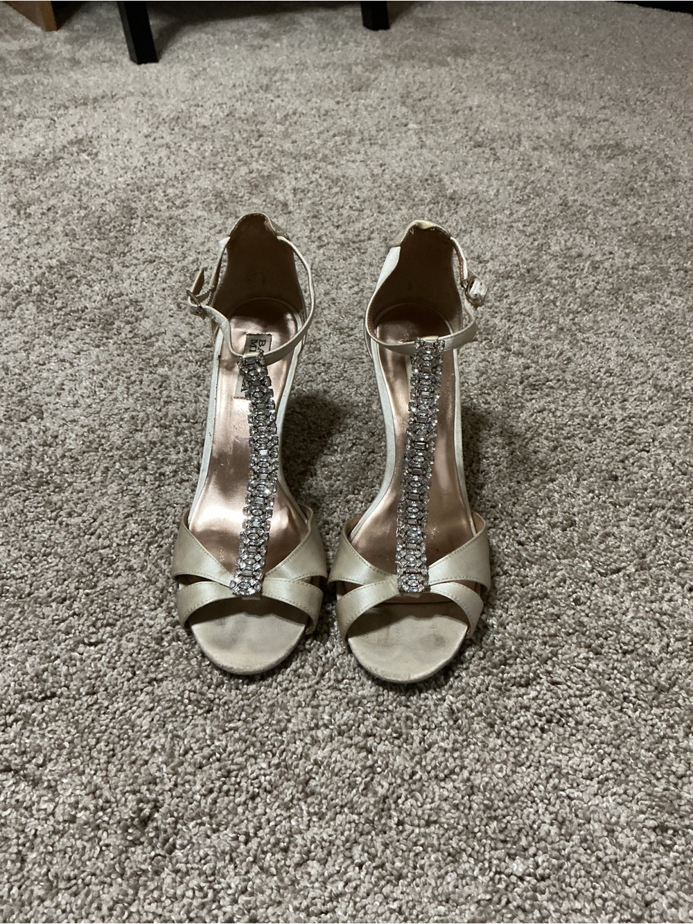 Badgley Mischka Ivory T-Strap Rhinestone Dress Heels